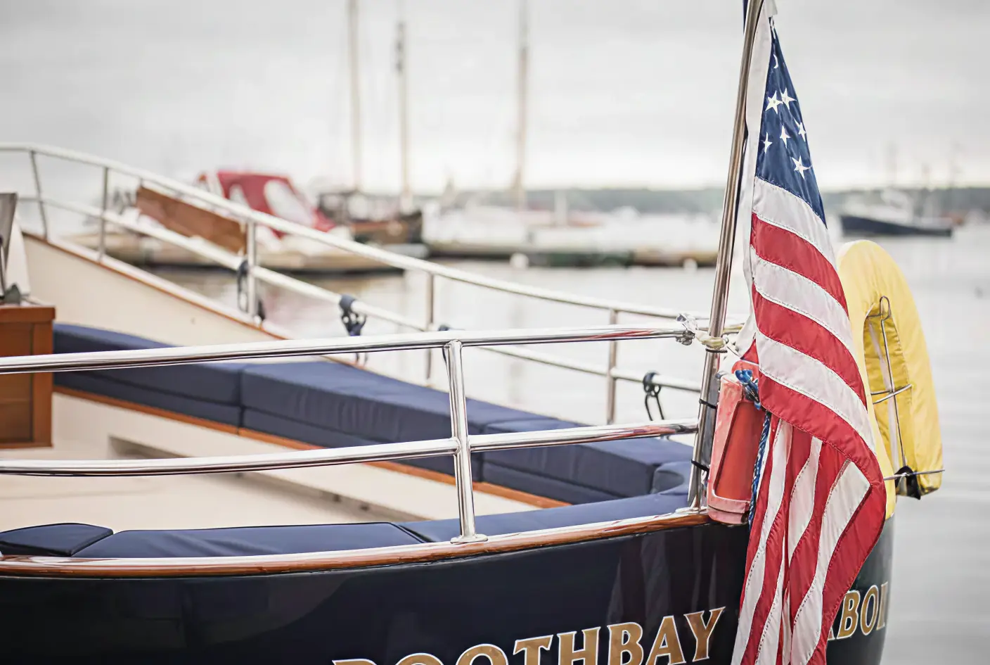 Boat docked in Boothbay Harbor Maine waterfront marina