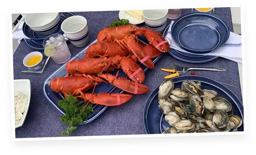 Lobsters and clams on a table
