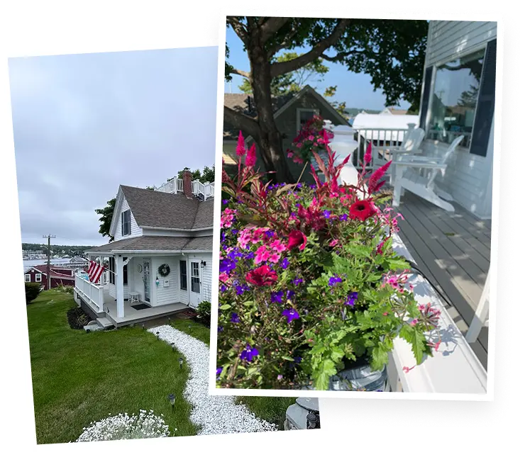 Garden and exterior details of The Helm House vacation rental in Boothbay Harbor Maine