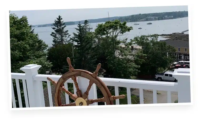Harbor view from the deck at The Helm House in Boothbay Harbor, Maine
