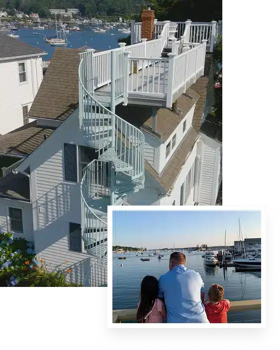 Rooftop deck and harbor views at The Helm House Boothbay Harbor vacation home
