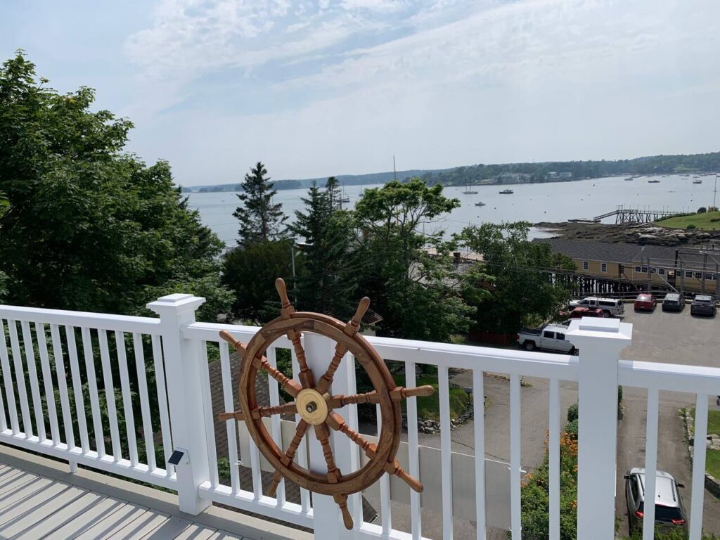 Scenic view with ship's wheel decoration