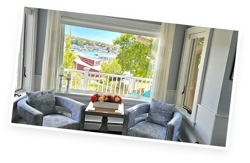 Cozy seating with scenic waterfront view