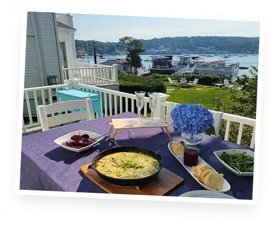 Scenic dining with food and flowers.